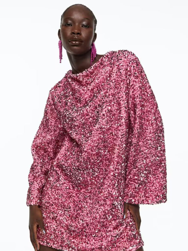 Sequin Long Sleeve Party Dress – Round Neck