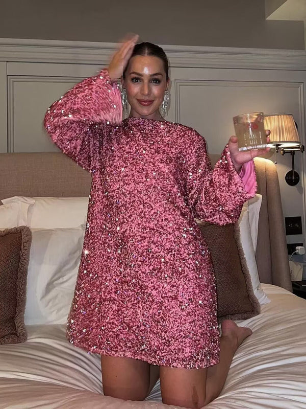 Sequin Long Sleeve Party Dress – Round Neck
