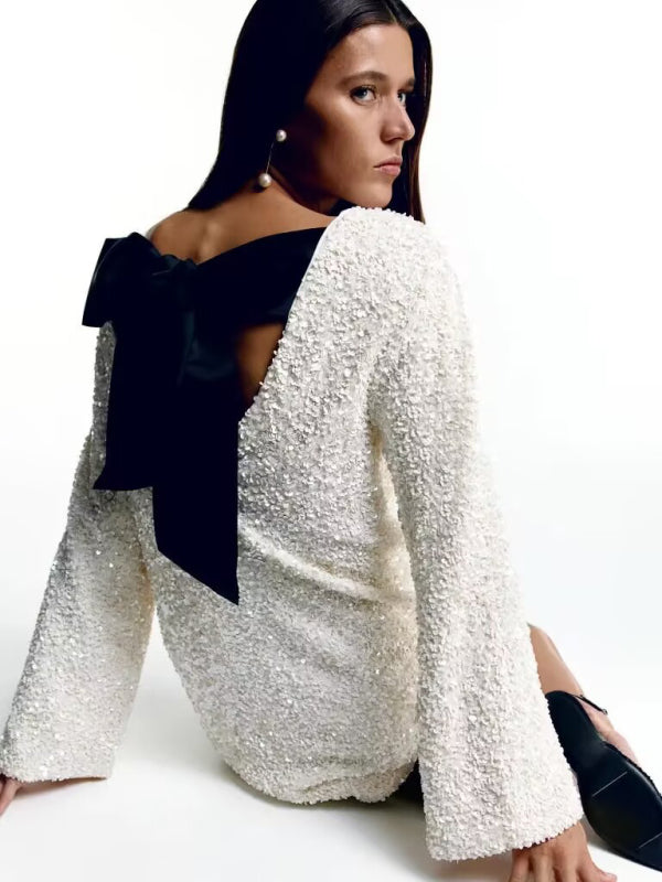Sequin Long Sleeve Party Dress – Round Neck