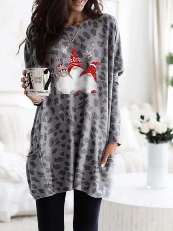 Leopard Pocket Christmas Dress – Long Sleeve Knit, Festive Casual Fit