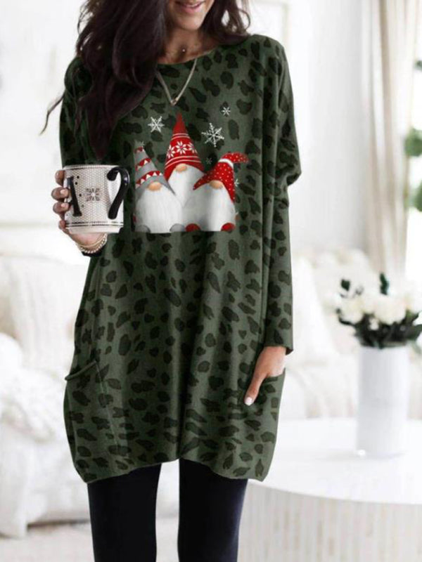 Leopard Pocket Christmas Dress – Long Sleeve Knit, Festive Casual Fit