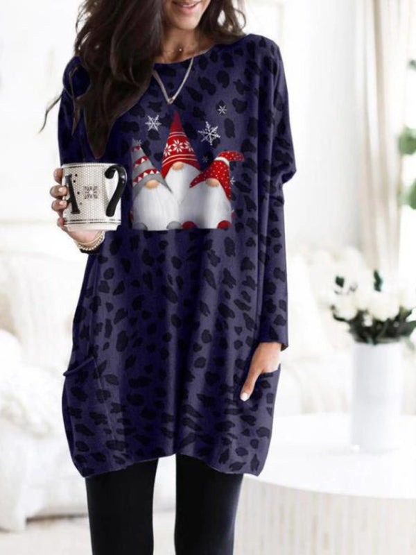 Leopard Pocket Christmas Dress – Long Sleeve Knit, Festive Casual Fit