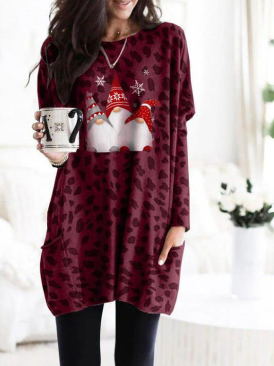 Leopard Pocket Christmas Dress – Long Sleeve Knit, Festive Casual Fit