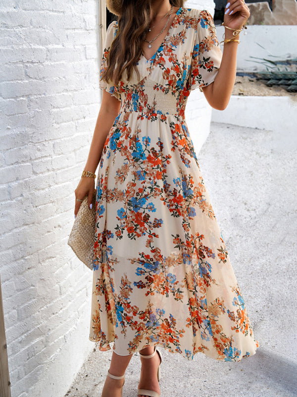 Printed Waist-Cinching Short-Sleeved Dress – Elegant Fit & Spring Style