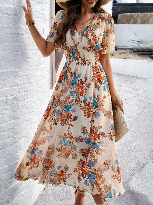 Printed Waist-Cinching Short-Sleeved Dress – Elegant Fit & Spring Style
