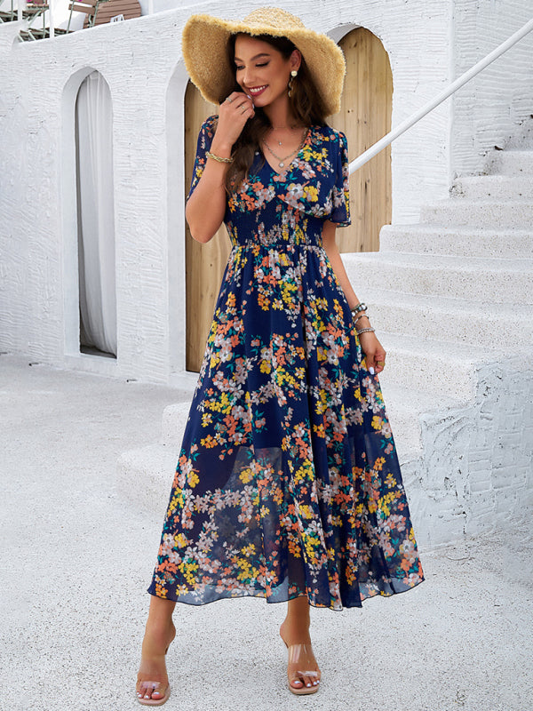 Printed Waist-Cinching Short-Sleeved Dress – Elegant Fit & Spring Style
