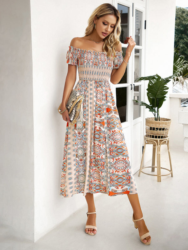 One-Shoulder Bohemian Slit Dress – Spring Summer Woven Print
