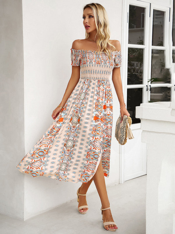 One-Shoulder Bohemian Slit Dress – Spring Summer Woven Print