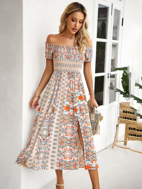 One-Shoulder Bohemian Slit Dress – Spring Summer Woven Print