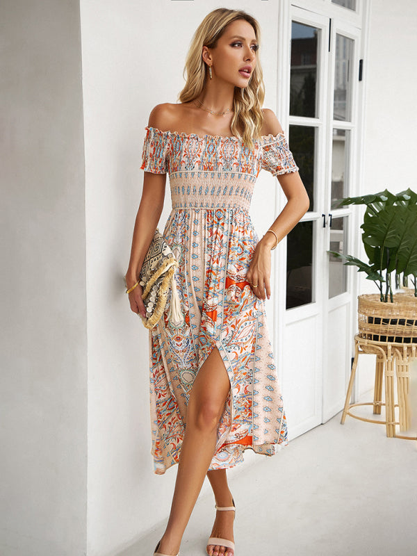 One-Shoulder Bohemian Slit Dress – Spring Summer Woven Print