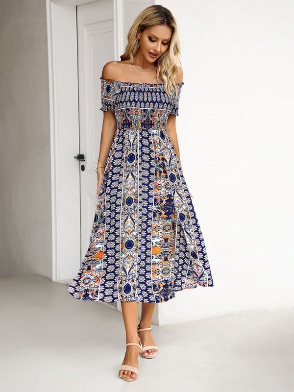 One-Shoulder Bohemian Slit Dress – Spring Summer Woven Print