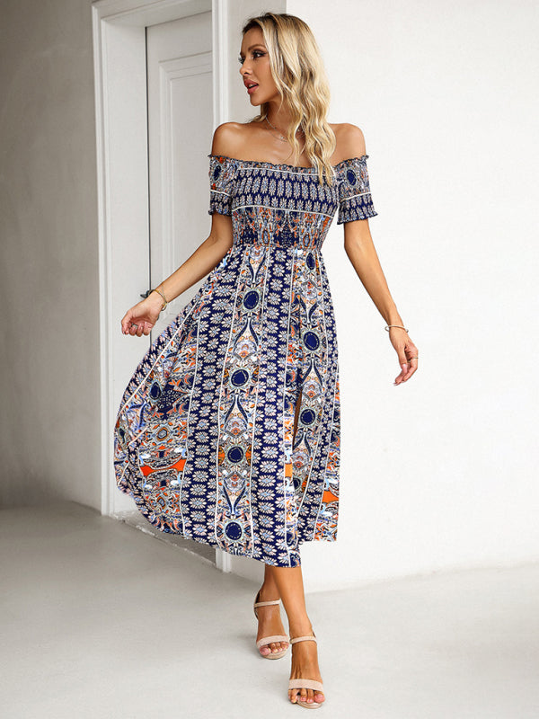 One-Shoulder Bohemian Slit Dress – Spring Summer Woven Print
