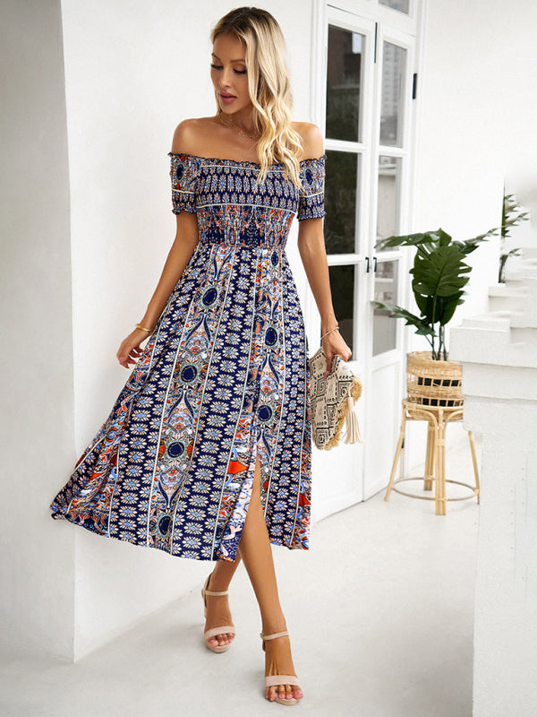 One-Shoulder Bohemian Slit Dress – Spring Summer Woven Print