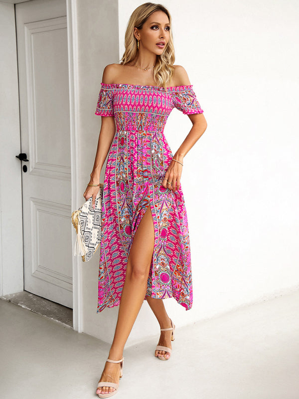 One-Shoulder Bohemian Slit Dress – Spring Summer Woven Print