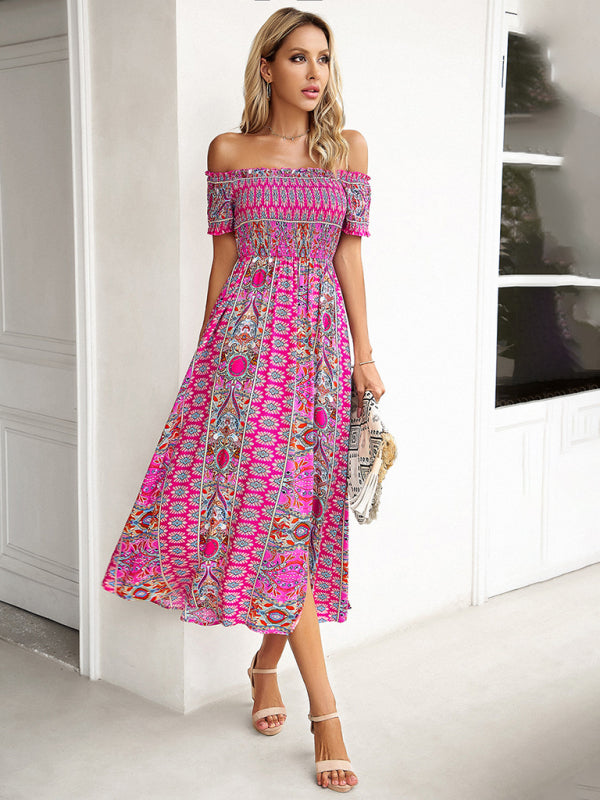 One-Shoulder Bohemian Slit Dress – Spring Summer Woven Print
