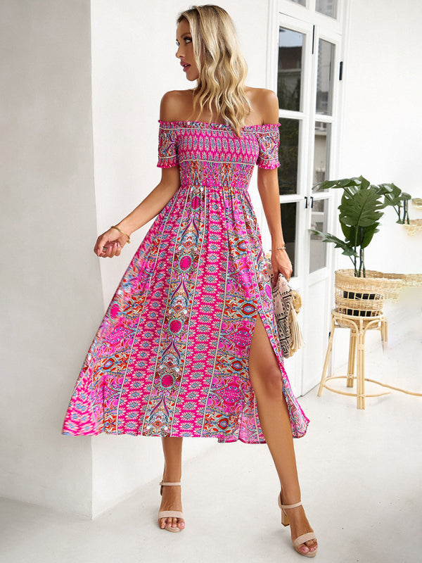 One-Shoulder Bohemian Slit Dress – Spring Summer Woven Print