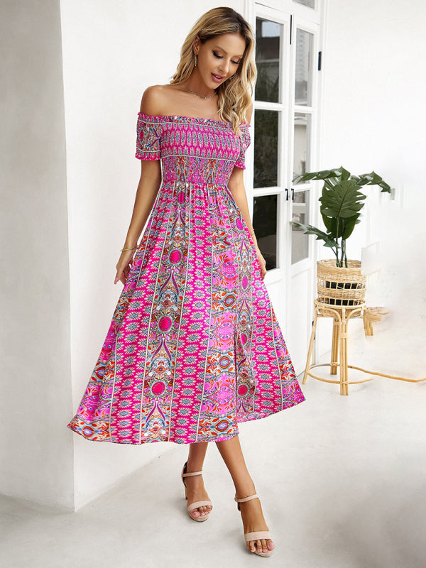 One-Shoulder Bohemian Slit Dress – Spring Summer Woven Print