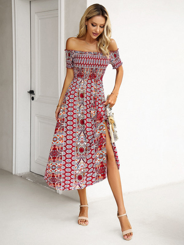 One-Shoulder Bohemian Slit Dress – Spring Summer Woven Print