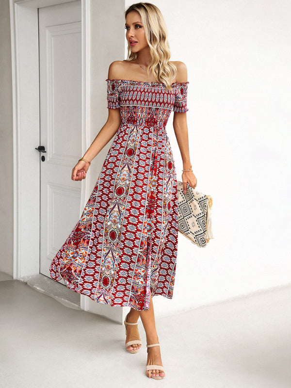 One-Shoulder Bohemian Slit Dress – Spring Summer Woven Print