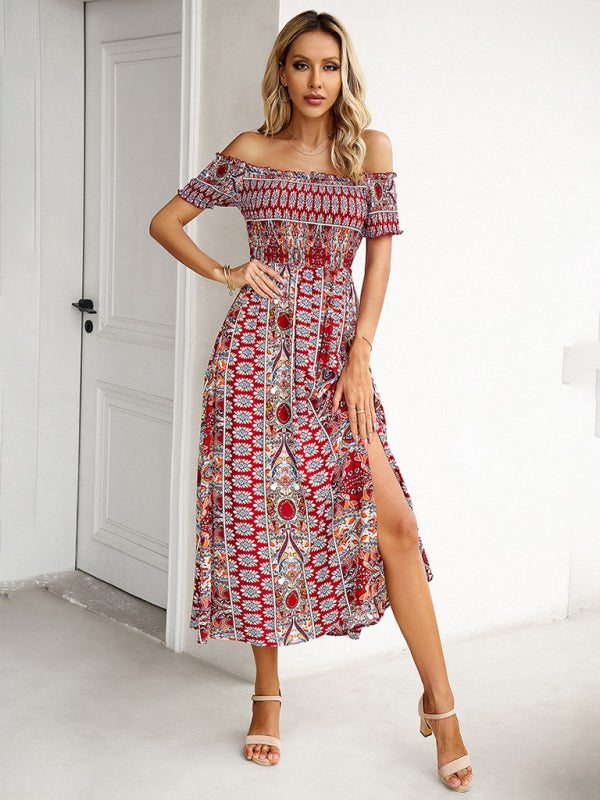 One-Shoulder Bohemian Slit Dress – Spring Summer Woven Print