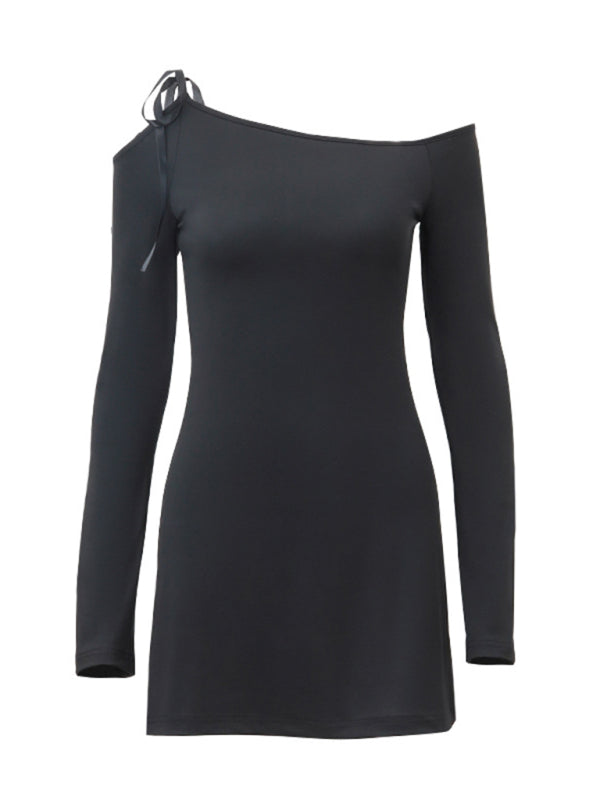 Elegant One-Shoulder Lace-Up Long-Sleeve Dress – Black Knit Bodycon