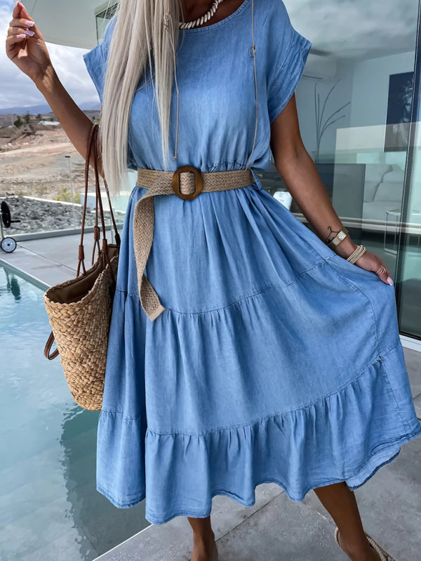Tailliertes, einfarbiges Kleid mit Rundhalsausschnitt – gewebtes Polyester, Frühling-Sommer-Stil
