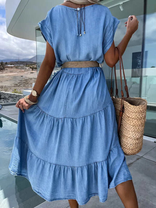 Tailliertes, einfarbiges Kleid mit Rundhalsausschnitt – gewebtes Polyester, Frühling-Sommer-Stil