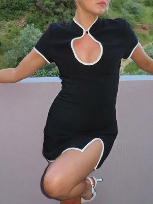 Retro Slim-Fit Waist-Cinching Slit Wrap Dress – Black, Knit Spring-Summer