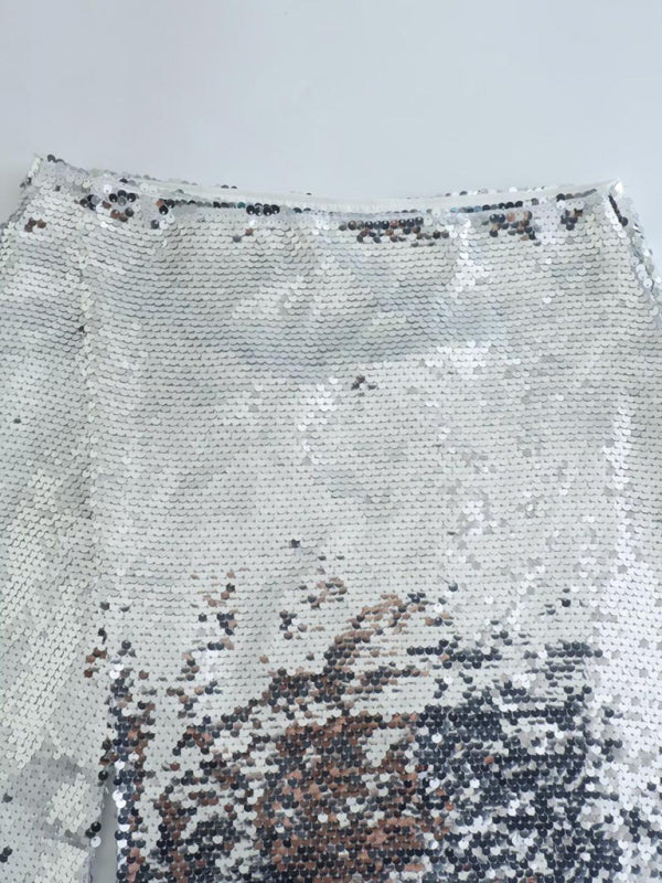 Silver Sequin High Waist Slit Skirt
