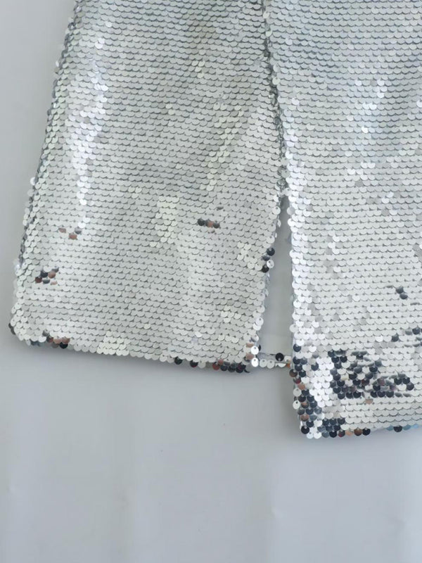 Silver Sequin High Waist Slit Skirt