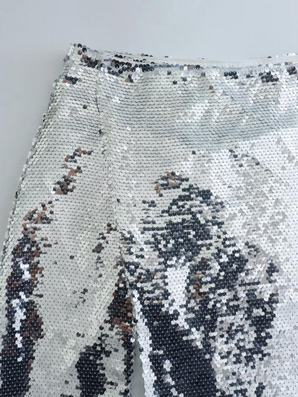 Silver Sequin High Waist Slit Skirt