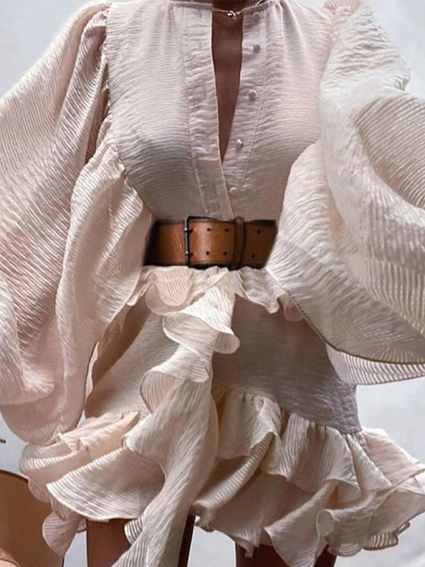 Solid Color French Chiffon Long-Sleeve Dress – Graceful Spring Style