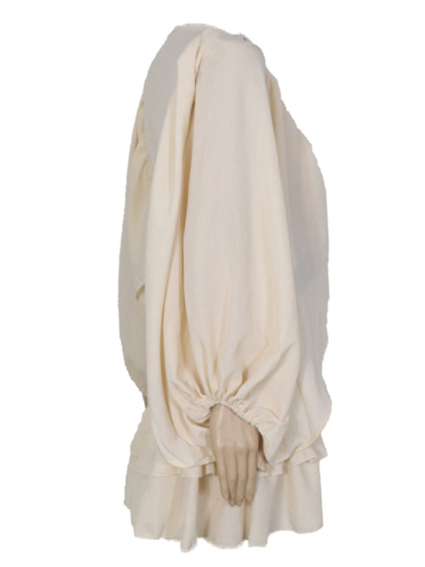 Solid Color French Chiffon Long-Sleeve Dress – Graceful Spring Style