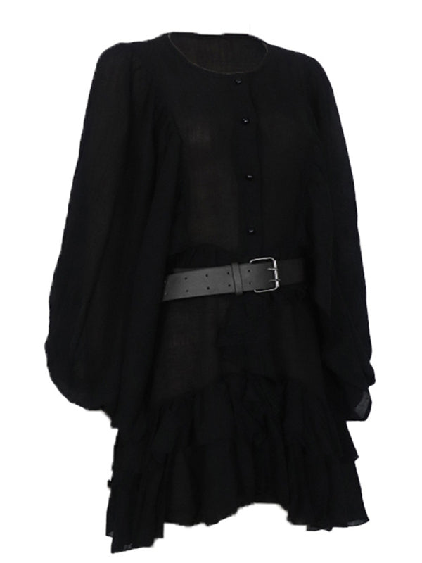 Solid Color French Chiffon Long-Sleeve Dress – Graceful Spring Style