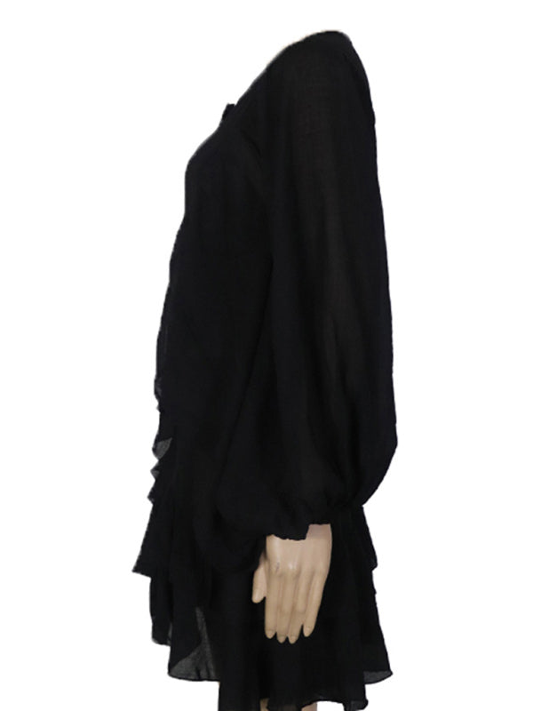 Solid Color French Chiffon Long-Sleeve Dress – Graceful Spring Style