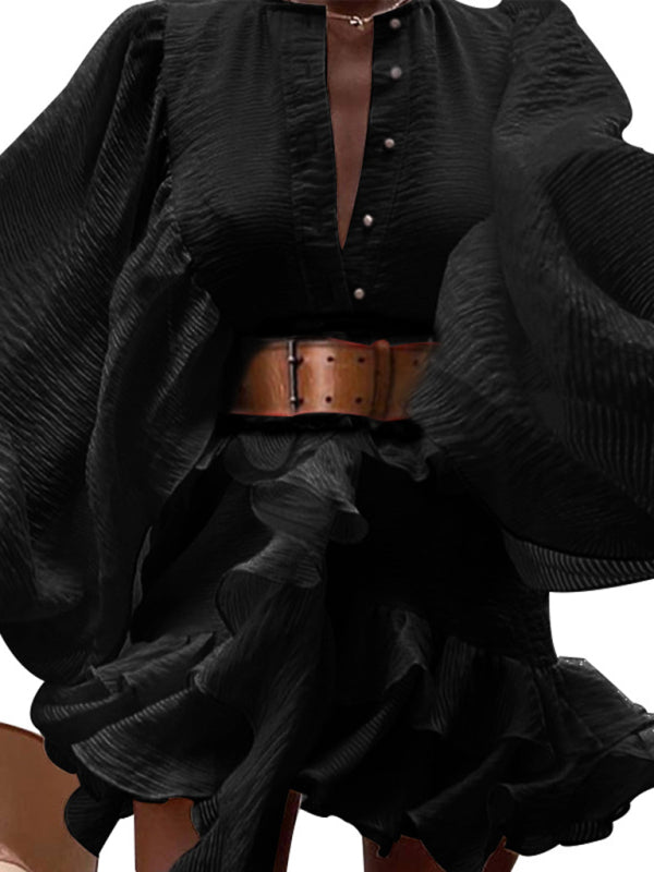 Solid Color French Chiffon Long-Sleeve Dress – Graceful Spring Style