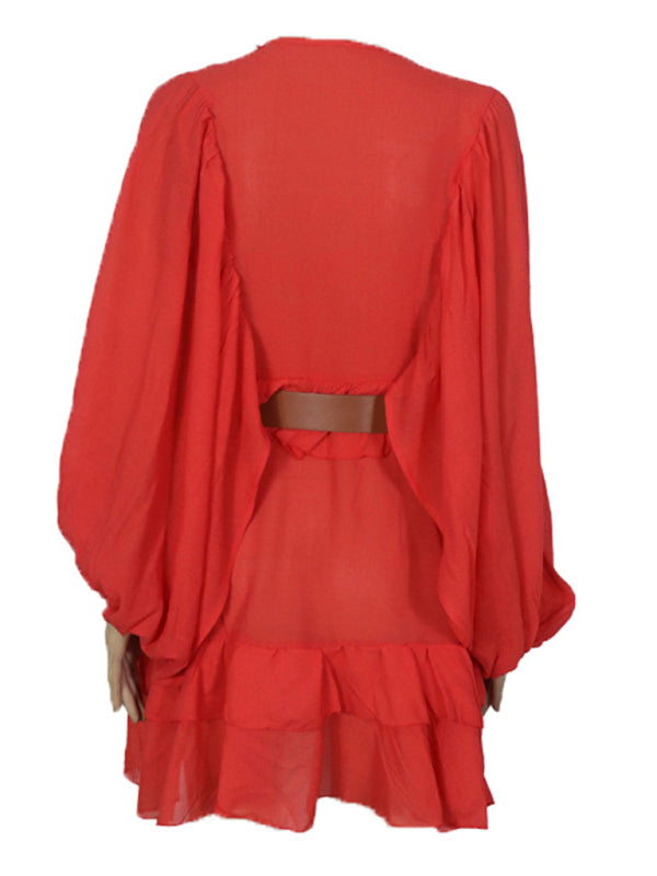 Solid Color French Chiffon Long-Sleeve Dress – Graceful Spring Style