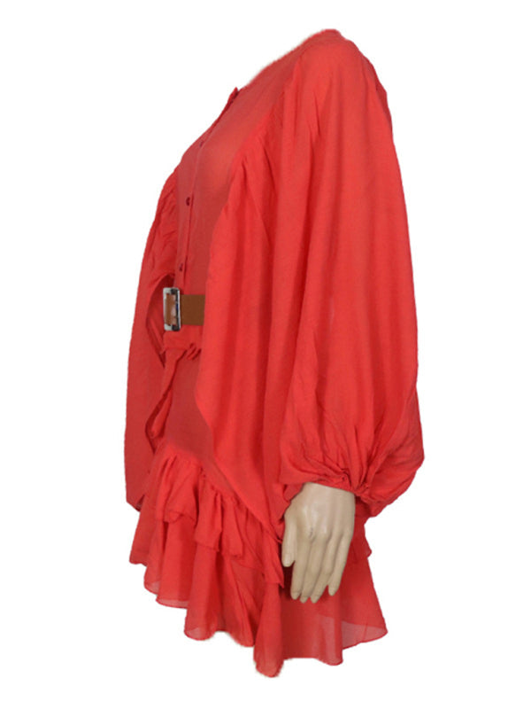 Solid Color French Chiffon Long-Sleeve Dress – Graceful Spring Style