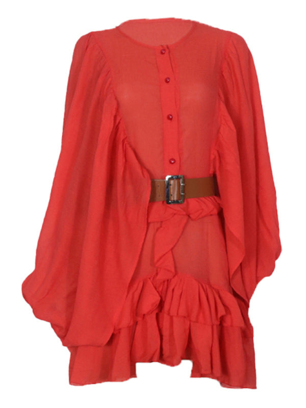 Solid Color French Chiffon Long-Sleeve Dress – Graceful Spring Style