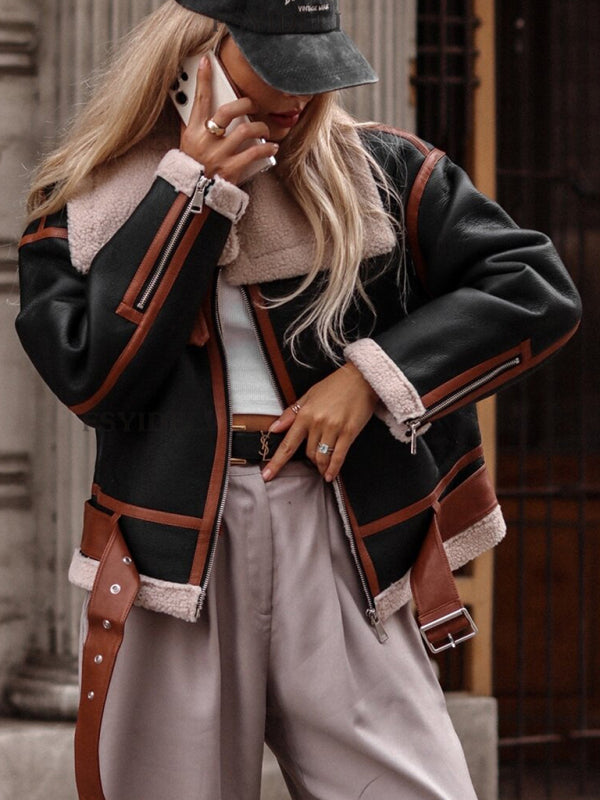 سترة موتو من صوف الحمل الصناعي بياقة – Smiling Maria