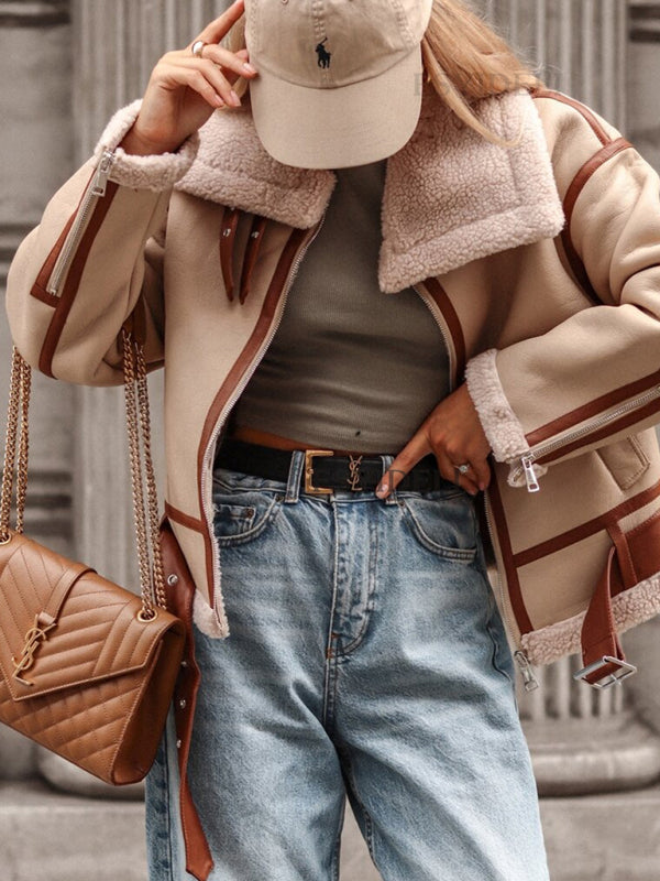 سترة موتو من صوف الحمل الصناعي بياقة – Smiling Maria