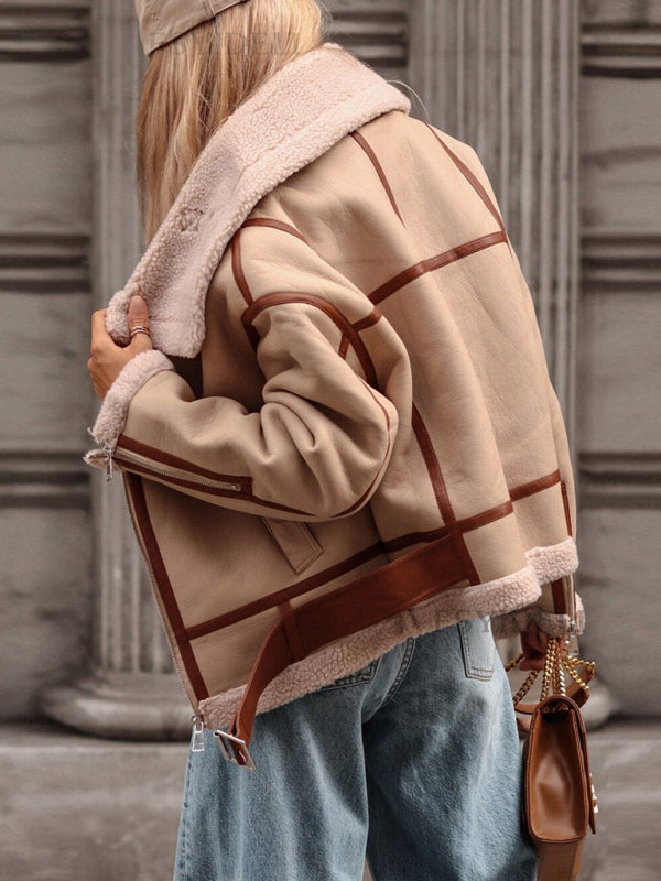 سترة موتو من صوف الحمل الصناعي بياقة – Smiling Maria