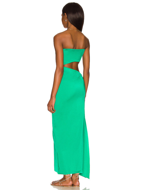 Floral Strapless Hollow-Out Maxi Dress – Backless, Boho-Chic Vibes
