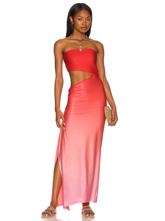Floral Strapless Hollow-Out Maxi Dress – Backless, Boho-Chic Vibes
