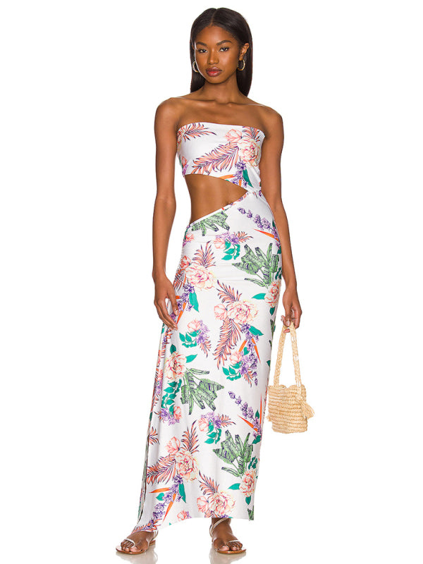 Floral Strapless Hollow-Out Maxi Dress – Backless, Boho-Chic Vibes