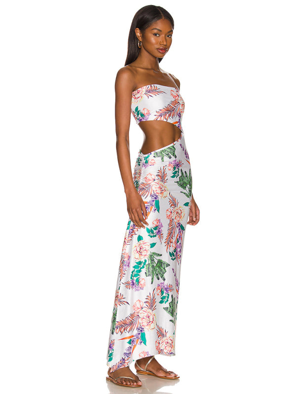 Floral Strapless Hollow-Out Maxi Dress – Backless, Boho-Chic Vibes