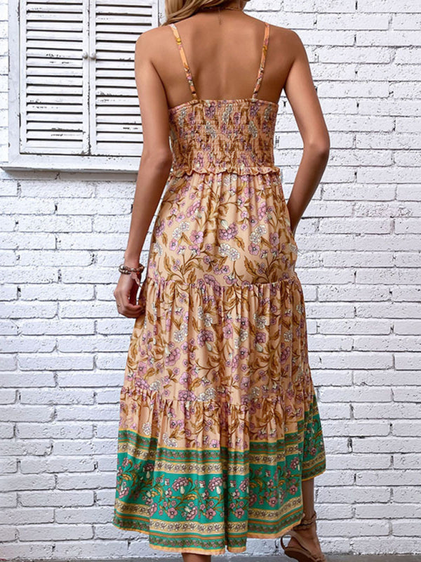 Bohemian Floral Print Maxi Sundress – Lightweight Rayon, Ideal for Vacation