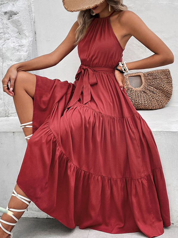 Halterneck Solid Mid-Length Dress – Wine Red Rayon Sundress