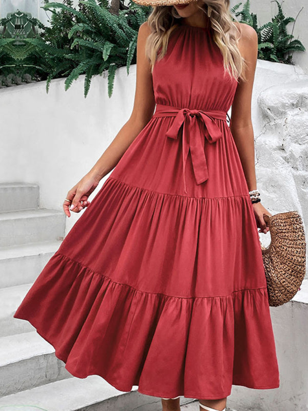Halterneck Solid Mid-Length Dress – Wine Red Rayon Sundress