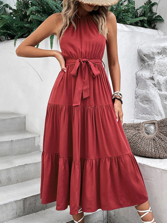Halterneck Solid Mid-Length Dress – Wine Red Rayon Sundress
